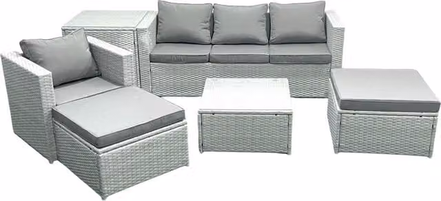 Fimous Garden 6 Seater Rattan Outdoor Furniture Set in Light Grey with Upholstered Cushions, Armchair, Coffee Table and Ottomans – 1