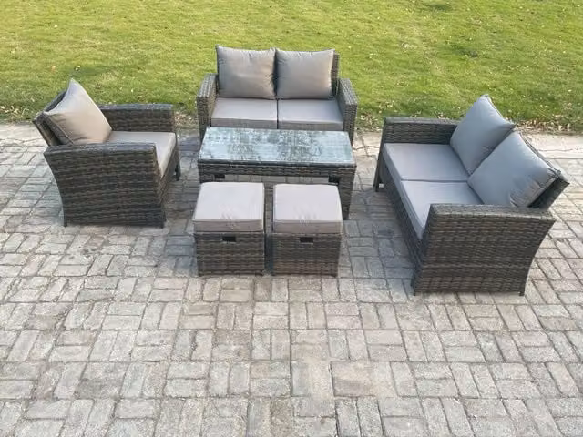 Fimous 7 Seater Rattan Garden Furniture Set with Coffee Table and 2 Footstools in Dark Grey