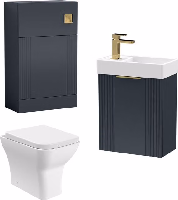 Balterley Modern Wall Mounted Grey Cloakroom Vanity Unit with Anthracite Brass Tap Set and Ceramic Toilet – 1