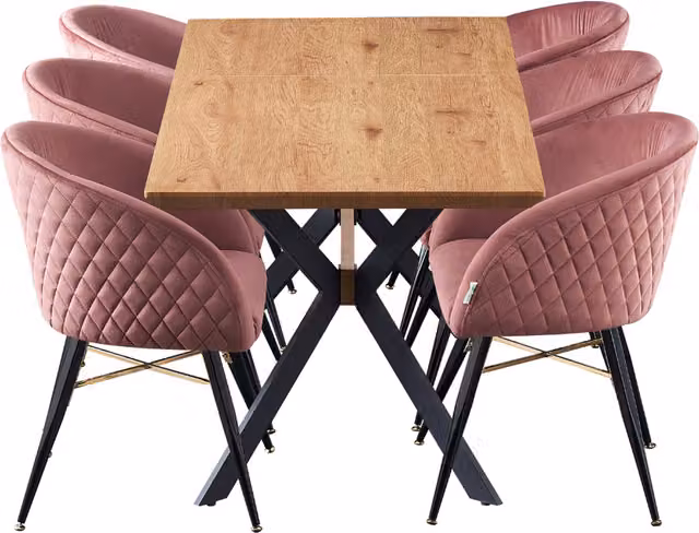 Life Interiors Vittorio Blaze LUX Pink Mid-Century Extendable Dining Set with Rectangular Table and 6 Chairs