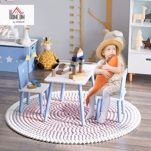 HOMCOM 3 Piece Kids Table and Chairs Set in Blue and White with Pine Wood Legs and Star Design – 2