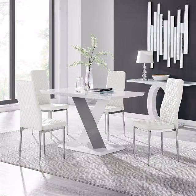 Furniturebox Monza White High Gloss Rectangular Dining Table and 4 Milan Chrome Leg Chairs