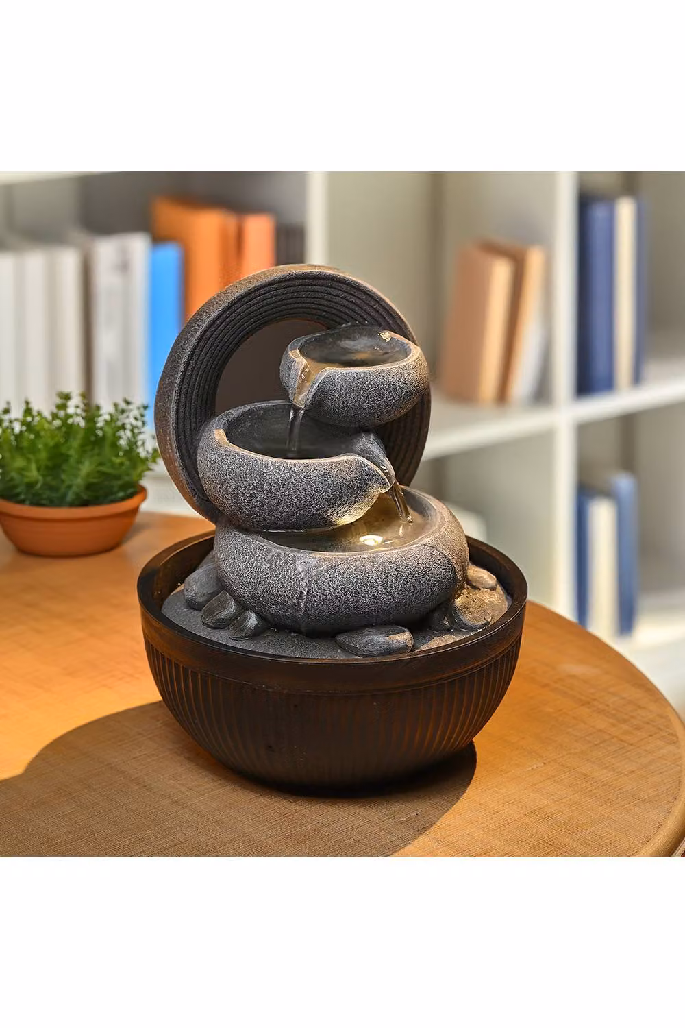 H&O Direct Round Tabletop Resin Water Fountain with LED Light in Grey, W/D/H: 25.0 x 21.0 x 25.0 cm – 2