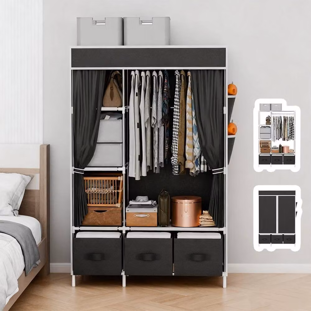 KORVIXA Large Black Fabric Canvas Freestanding Wardrobe with Hanging Rod, Width: 100 cm – 2