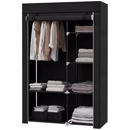 HOMCOM Black Fabric Wardrobe with Hanging Rail and Internal Shelves W/D/H: 103 x 43 x 162.5 cm – 1