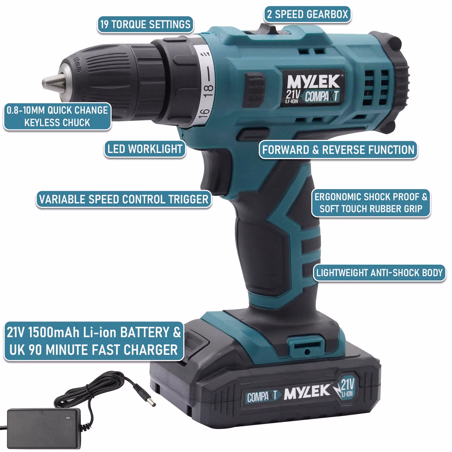 MYLEK 21V Cordless Li-ion Electric Drill and Screwdriver Set in Blue – 7