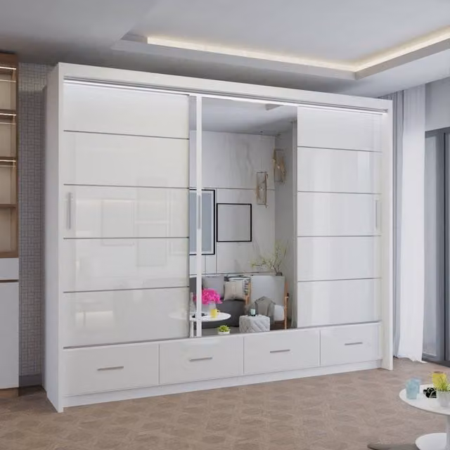 Sliding Wardrobes 4U Modern High Gloss Sliding Wardrobe with Integrated LED Lighting, White, W: 255 cm, H: 220 cm