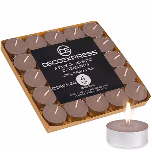 Deco Express Cinnamon Roll Scented Tealight Candles, Brown, 25 Pack