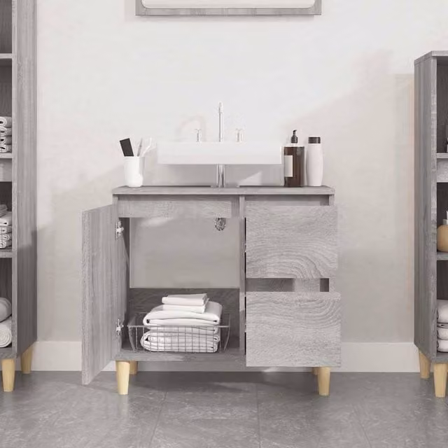 Berkfield Home Grey Sonoma Freestanding Bathroom Cabinet with Hinged Doors and Drawers, W/D/H: 65 x 33 x 60 cm – 1