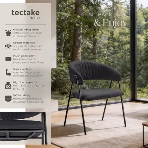 tectake Bedano Set of 6 Dining Chairs in Black Fabric with Metal Legs – 4