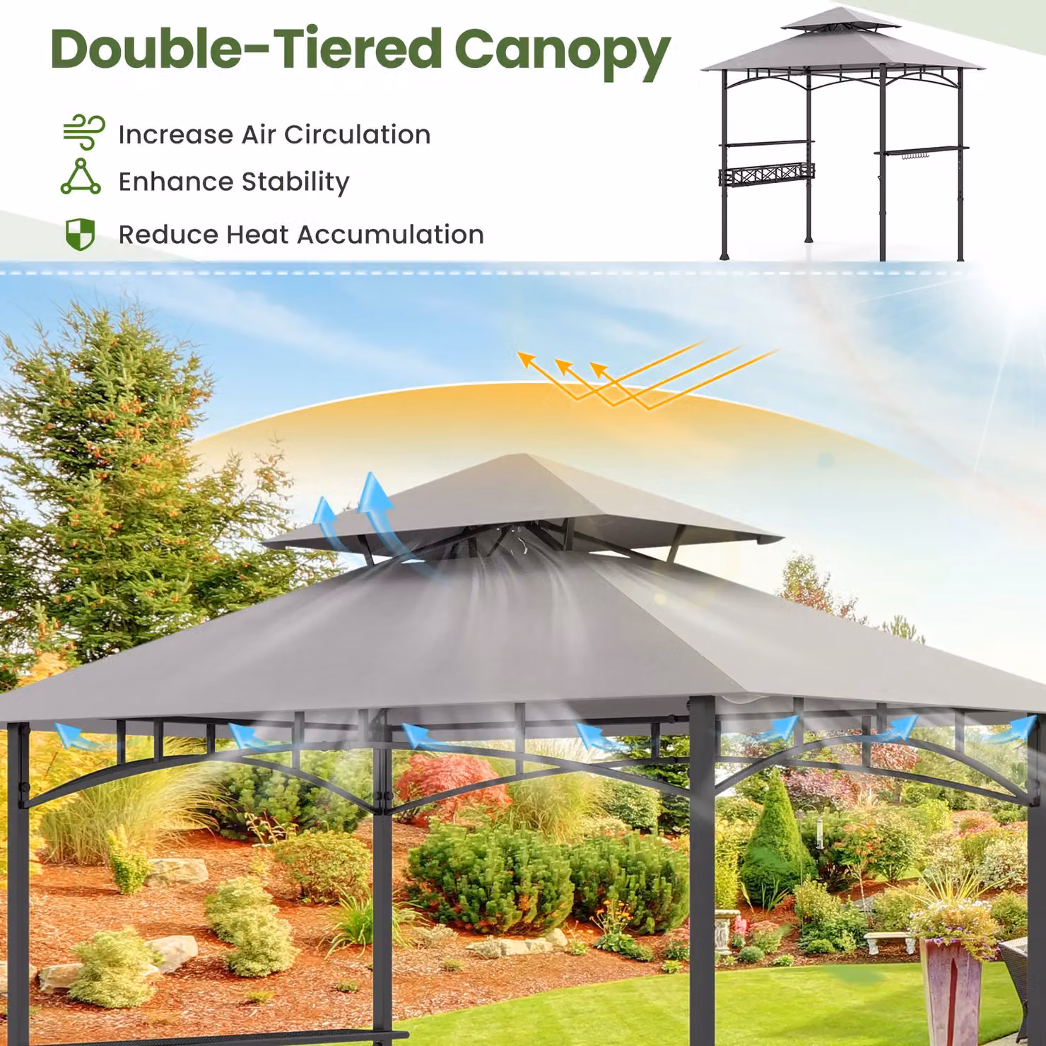 Gymax Outdoor Grill Gazebo BBQ Canopy Tent with 2 Side Shelves, Grey, W: 242 cm, D: 153 cm, H: 250 cm – 2