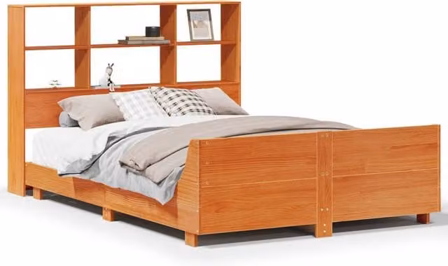 Berkfield Home Waxed Brown Solid Pine Bed Frame with Side Compartments W/D/H: 140 x 190 cm