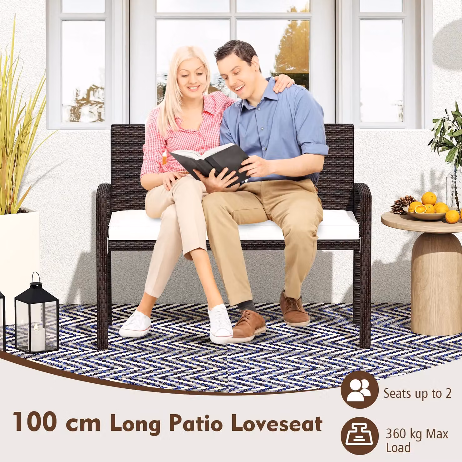 Costway White Polyrattan 2-Seat Patio Loveseat with Soft Fabric Cushions and Metal Frame – 5