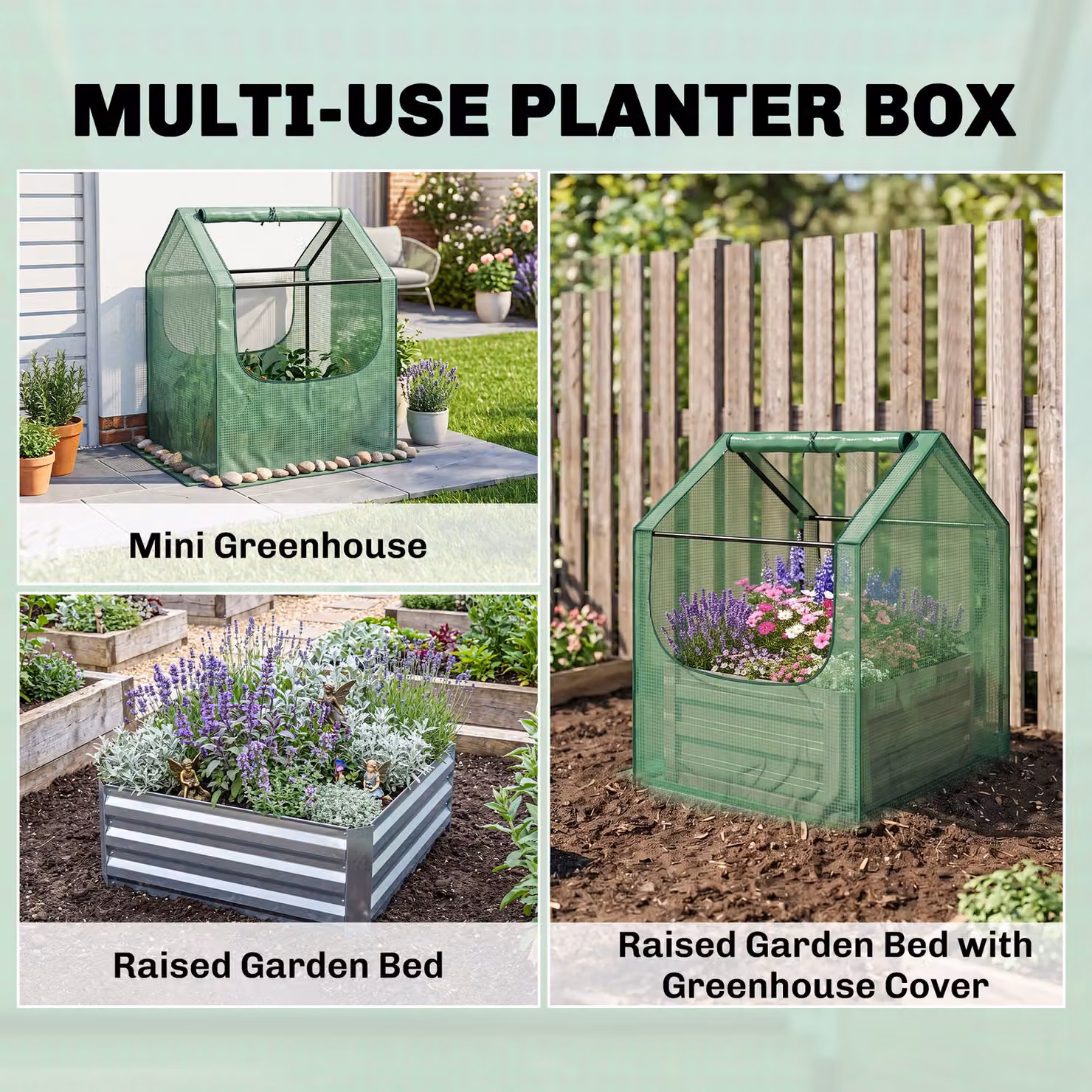 Outsunny Garden Planter Bed with Cover, Green and Silver, W/D/H: 61 x 61 x 90 cm – 3
