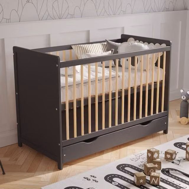 Love For Sleep Tokyo Cot Bed with Drawers and Mattress, Anthracite and Pine, W/D: 120 x 60 cm