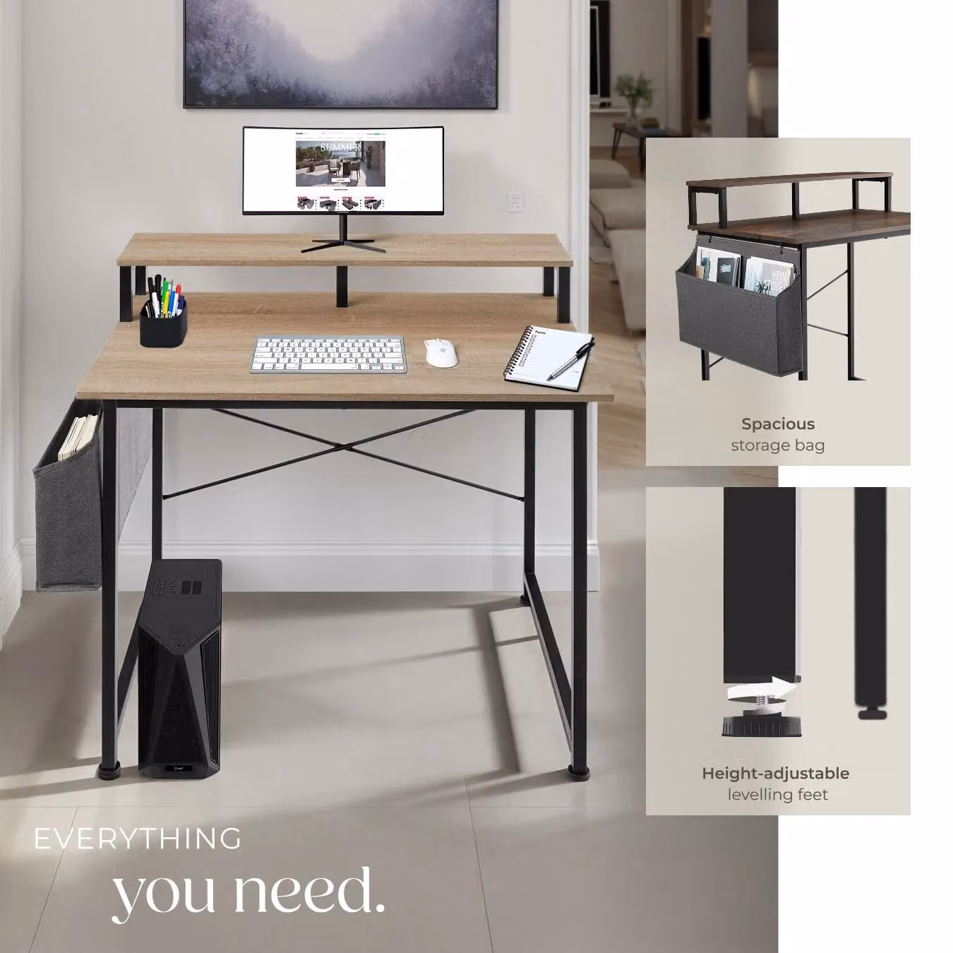 tectake Industrial Desk with Shelving and Fabric Storage Bag in Oak, W/D/H: 120 x 60 x 110 cm – 4