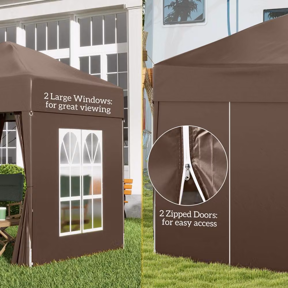 Outsunny Brown Pop Up Gazebo with Windows and Steel Frame, W/D/H: 200 x 200 x 240 cm – 8