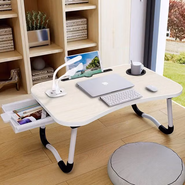 Living and Home Folding Laptop Bed Table with LED Light, Fan, 4 USB Ports, Tablet Slot and Cup Holder in Beige – 1