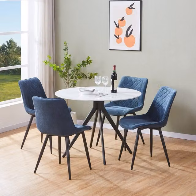 Aspen Gloss White Sintered Stone Round Dining Table and 4 Blue Cord Fabric Chairs Set