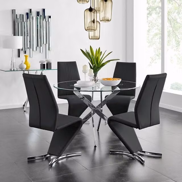 FurnitureboxUK Novara Round Glass Dining Table with 4 Willow Chairs in Black and Chrome Metal