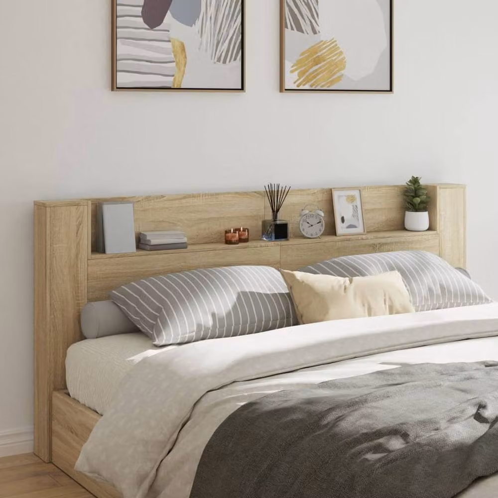 Berkfield Home Modern Headboard Cabinet in Sonoma Oak with LED Lighting and USB Charging Port, Light Tan, W: 220 cm, D: 16.5 cm, H: 103.5 cm – 2