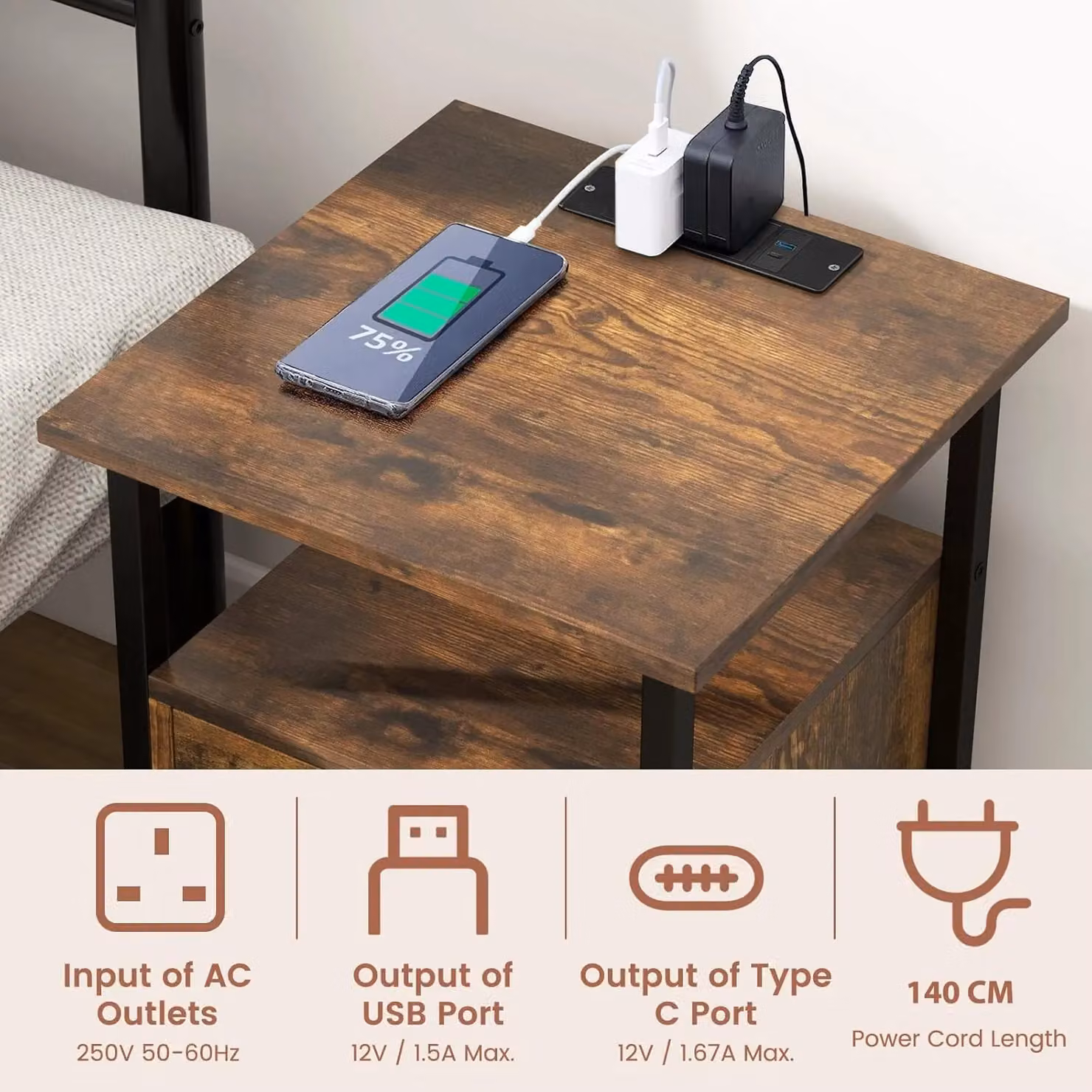 Gymax Brown Nightstand Bedside End Table with Charging Station, Drawer and Open Shelves – 2