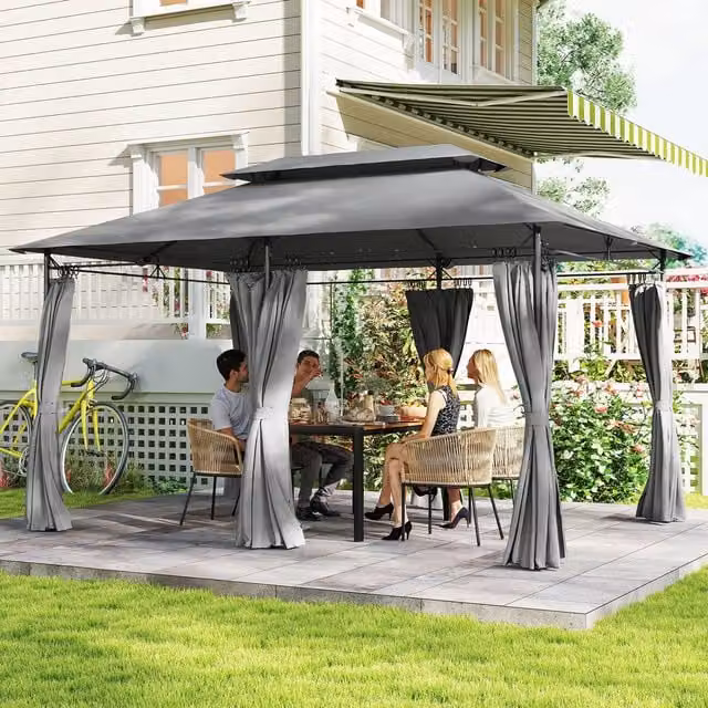 Outsunny Modern Double Roof Metal Garden Gazebo with Sides, White and Dark Grey, W 4 m x D 3 m