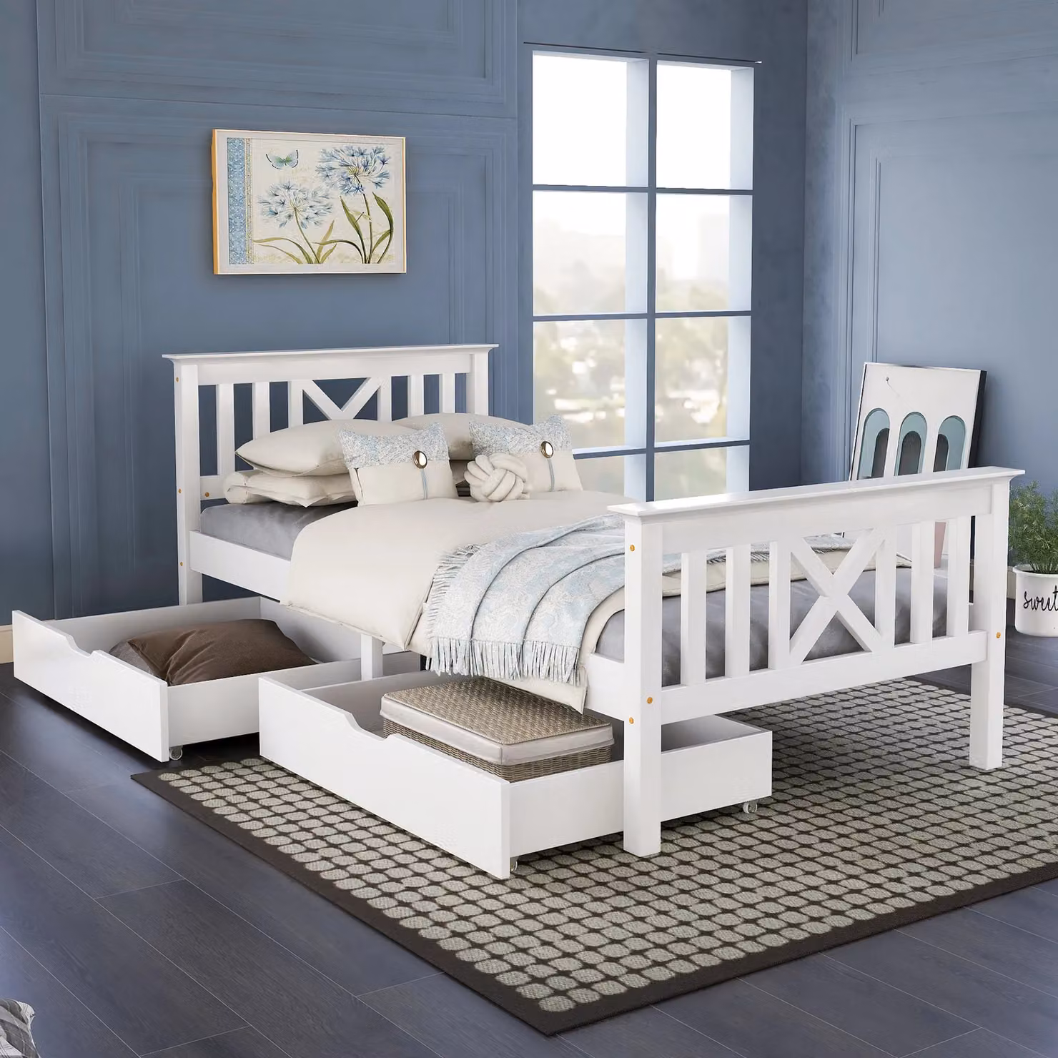 HomeTouch Sasha White Solid Pine Single Bed Frame with 2 Drawers W/D/H: 90 x 190 cm – 2