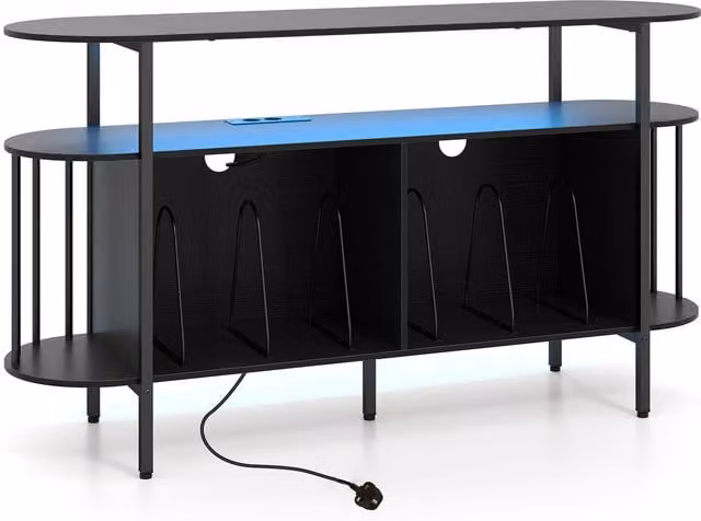 COSTWAY Modern Black Record Player Stand with Media Compartments and Integrated Lighting, Width: 140 cm