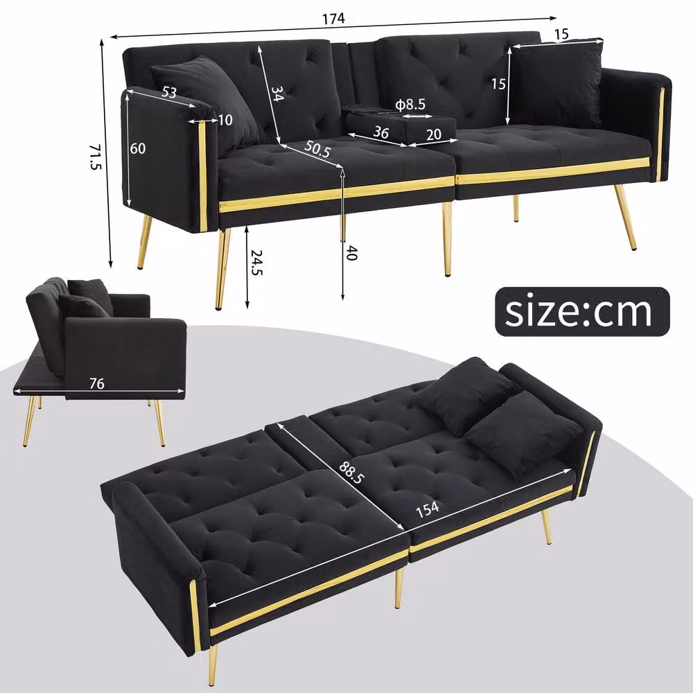 ModernLuxe Black Velvet 2-Seater Convertible Sofa Bed with Adjustable Headrest and Cup Holders – 2