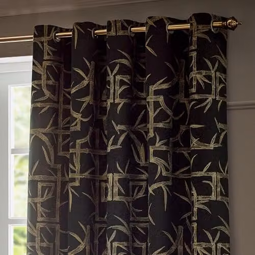 Paoletti Bamboo Black Geometric Jacquard Eyelet Curtain Pair, W: 168 cm, H: 183 cm – 2