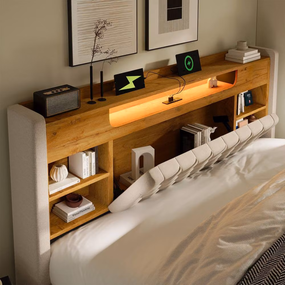ModernLuxe Super King Ottoman Storage Bed in Beige with LED Under-Bed Lighting and Storage Headboard – 8
