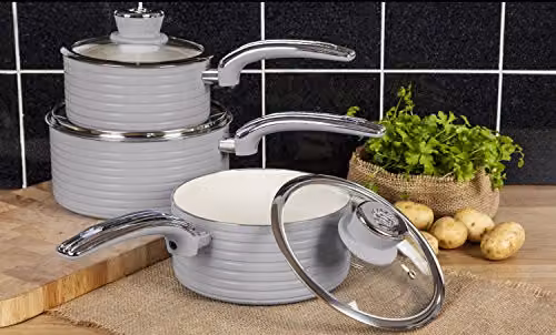 Swan Retro 3 Piece Ceramic Non Stick Saucepan Set with Glass Lids, Grey – 2