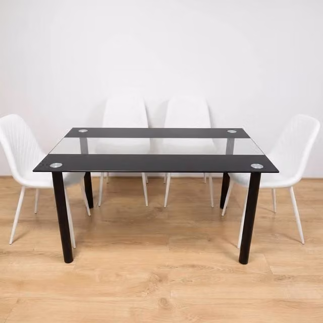 Kosy Koala Modern Rectangular Black Glass Dining Table and Four White Faux Leather Padded Chairs Set