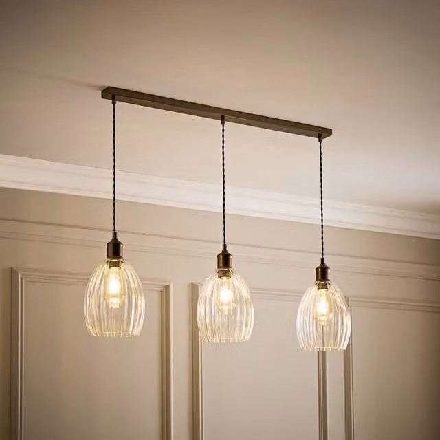 ValueLights Cheltenham 3 Drop Bar Ceiling Light with Ribbed Glass Dome Shades in Brass, W: 80 cm