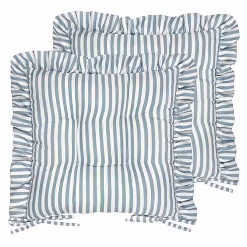Riva Home Wylder Millie Ruffle Seat Pads, Pack of 2, Heritage Stripe Blue Indoor Outdoor Dining and Patio Chair Cushions, W/D: 40 x 40 cm