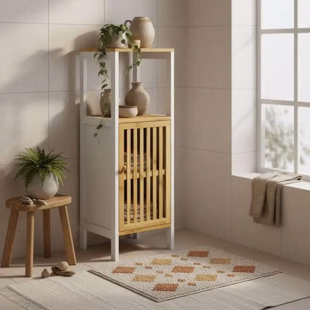 Wyld Haus Liba Retro Bamboo Style Bathroom Storage Cabinet, White and Natural, W/D/H: 30 x 32 x 90.5 cm