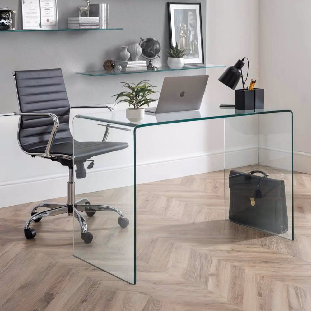 Cheshire Montrose Modern Rectangular Glass Desk with Executive Calder Office Chair in Transparent Clear Glass – 2