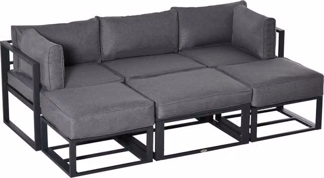 Outsunny 6 Piece Grey L-Shape Outdoor Sectional Sofa Set with Powder Coated Aluminium Frame, Coffee Table, Ottoman and Upholstered Cushions – 1