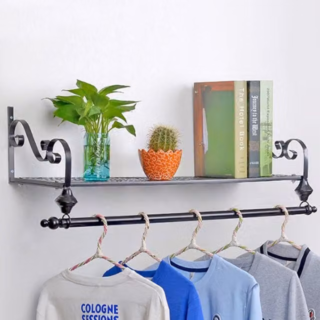Livingandhome Matt Black Wall Mounted Garment Hanging Shelf with Continuous Linear Rail, W: 30 cm, D: 30 cm, H: 30 cm
