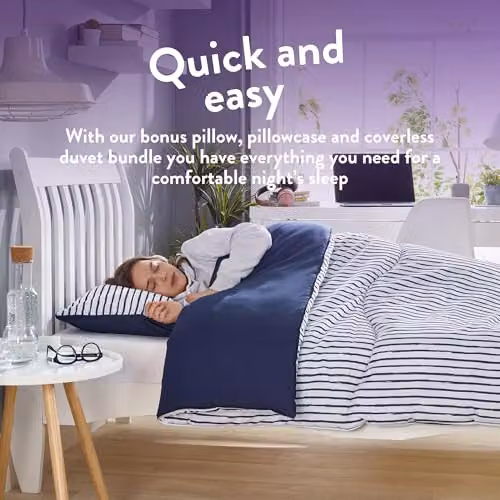Slumberdown Back to Uni Double Bed Set, 10.5 Tog Navy Striped Coverless Duvet, 2 Pillows and 2 Pillowcases, Blue – 2