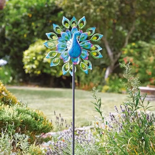 mysmartbuy Peacock Wind Spinner with Solar Powered Multicoloured LED Crackle Glass Globe, H 130 x W 38 cm – 2