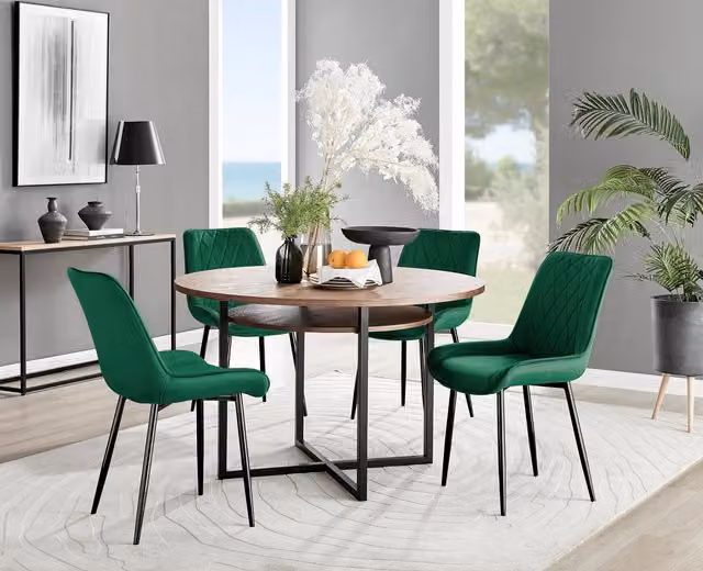 FurnitureboxUK Adley Brown Wood Storage Dining Table and 4 Pesaro Green Velvet Chairs with Black Legs