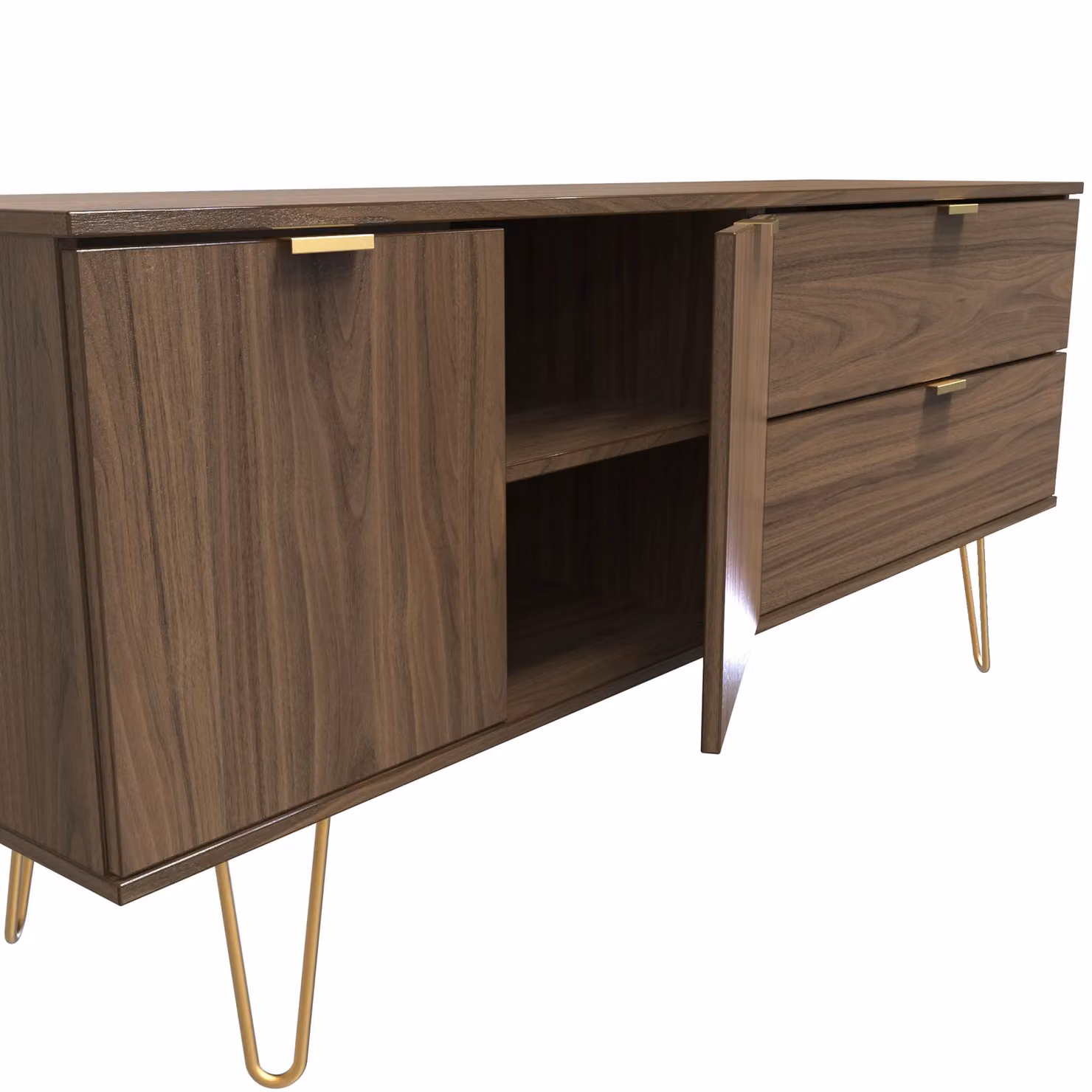 Ready Assembled 2 U Fuji Wide Sideboard in Walnut with 2 Doors, 2 Soft Close Drawers and Gold Accents – 3
