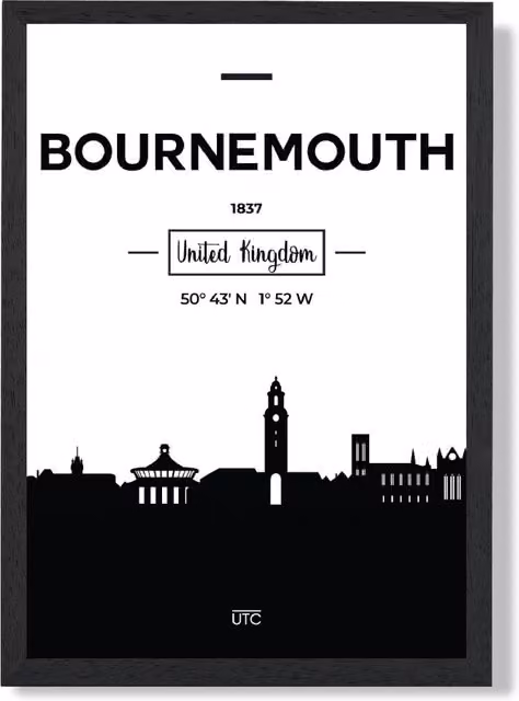 ARTZE Bournemouth Black and White City Skyline Framed Print, A3 Size with Black Frame – 1