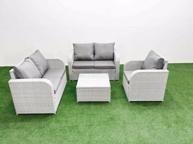 Fimous High Back Poly Rattan Garden Furniture Set in Light Grey with Reclining Chair, 2-Seater Sofa, and Coffee Table