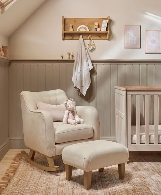 Mamas & Papas Classic Nursing Chair and Ottoman Set in Brown and Beige Fabric with Oak Upholstered Wood Frame