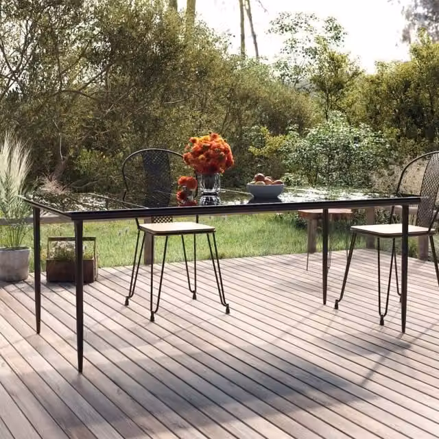 Berkfield Home Modern Garden Dining Table in Black with Steel and Tempered Glass, W/D/H: 200 x 100 x 74 cm