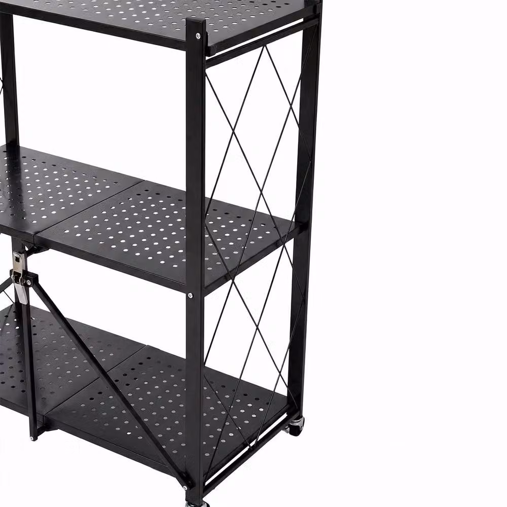 FORGEVIO Black 4-Tier Folding Kitchen Storage Shelf with Walnut Wood and Matt Metal Finish – 5