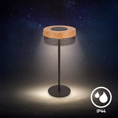 Briloner Rechargeable LED Table Lamp with Touch Dimming, IP44 Waterproof, Black and Wood, H 35 cm x W 16 cm x D 16 cm – 5
